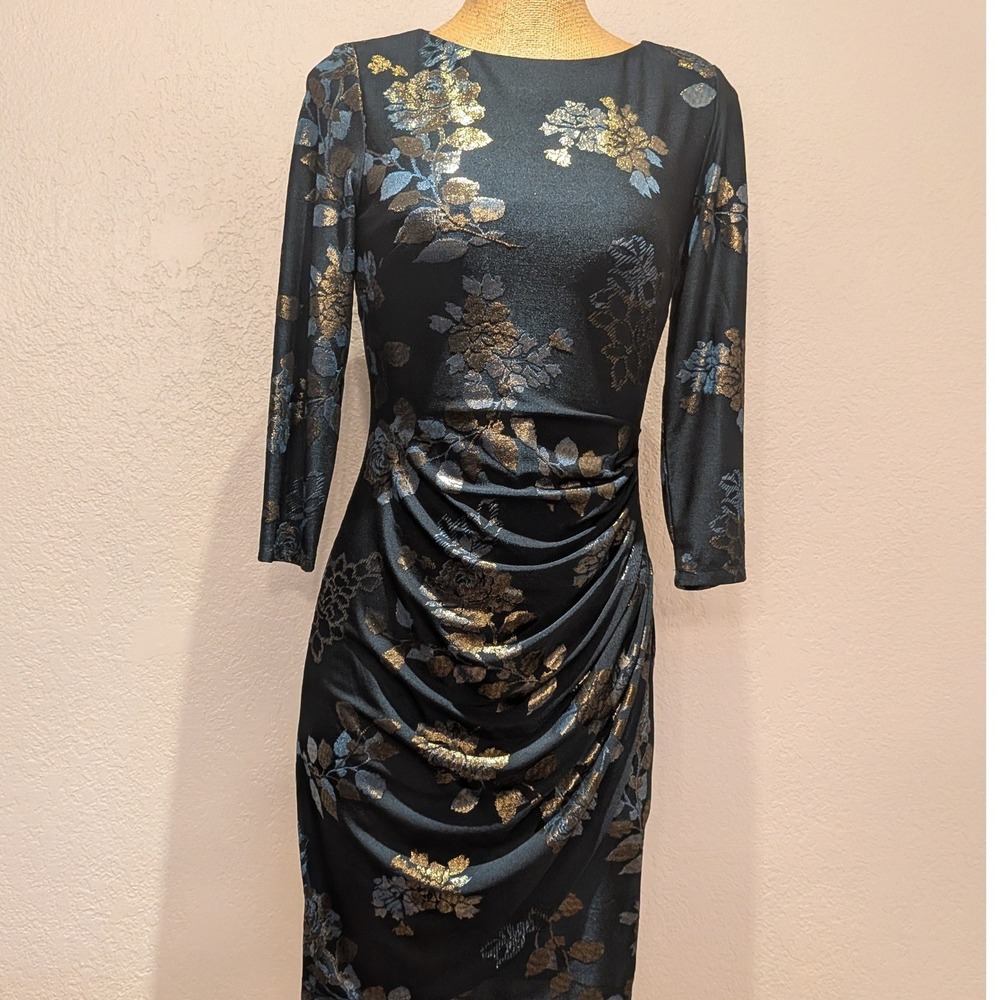 Jessica Howard Sheath Dress Women Black Gold Floral Excellent Ruched Metallic
